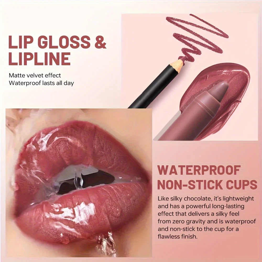 Blushimmer 3-piece lip set with lip liner, matte lipstick, and lip gloss in sleek packaging, showcasing vibrant lip colors.