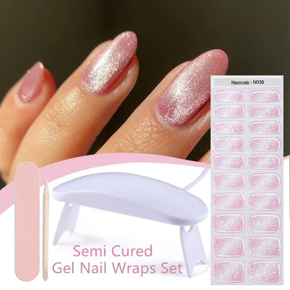 Blushimmer Harunouta 4-piece set of nude pink gradient jelly gel nail strips with waterproof design and nail lamp for long-lasting manicures