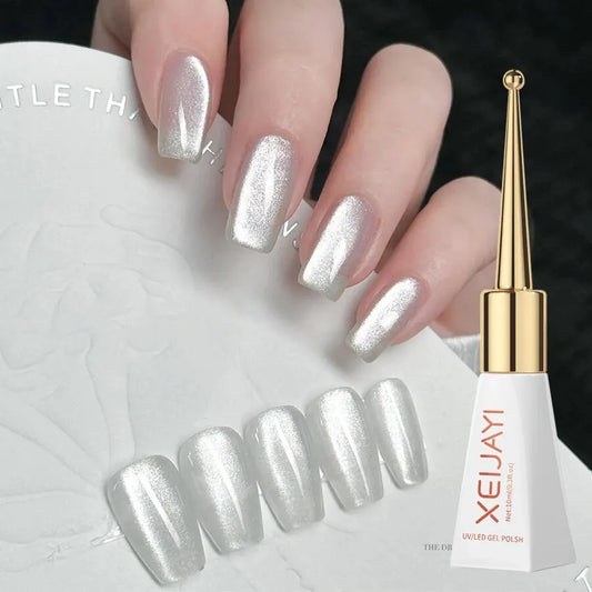 Blushimmer holographic cat eye gel polish in a 10ml mirror porcelain white with magnetic galactic effect, soak-off UV LED nail polish.