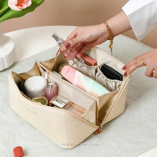 Large capacity Blushimmer PU leather cosmetic bag with multiple compartments, portable travel toiletry organizer for women.