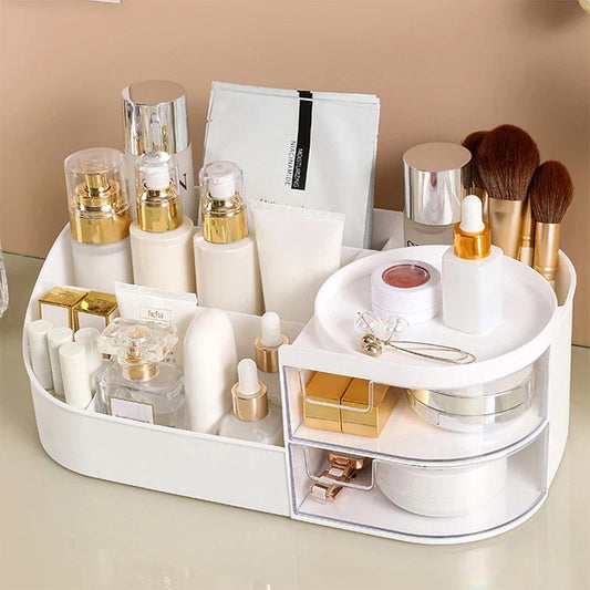 Blushimmer cosmetic storage box with drawer for lipstick, brushes, and skincare products on a desktop organizer.