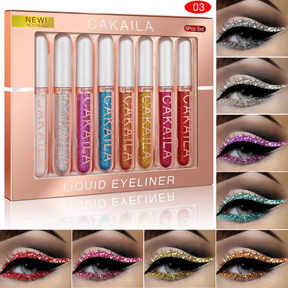 Set of 8 waterproof Eyeliner Pens by Blushimmer with glitter and matte colors, long-lasting eye makeup cosmetics kit.