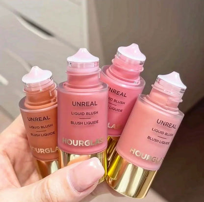Blushimmer Lasting Natural Liquid Blush in 6 matte colors with hourglass packaging, featuring a multifunctional rouge stick.