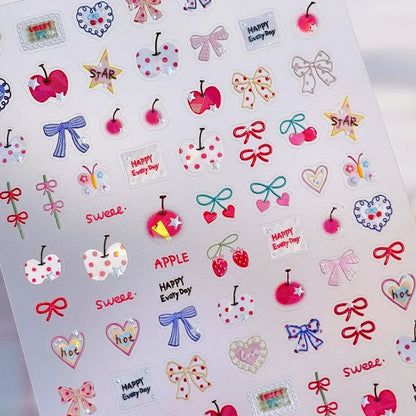 Cute Juicy Red Cherry Bowknot 5D nail art stickers with shiny crystals, self-adhesive manicure decals for DIY nail decoration.