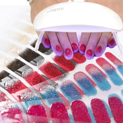 Blushimmer 16Tips glitter semi-cured UV gel stickers with 3D French gradient and shiny glitter powder for nail art design.