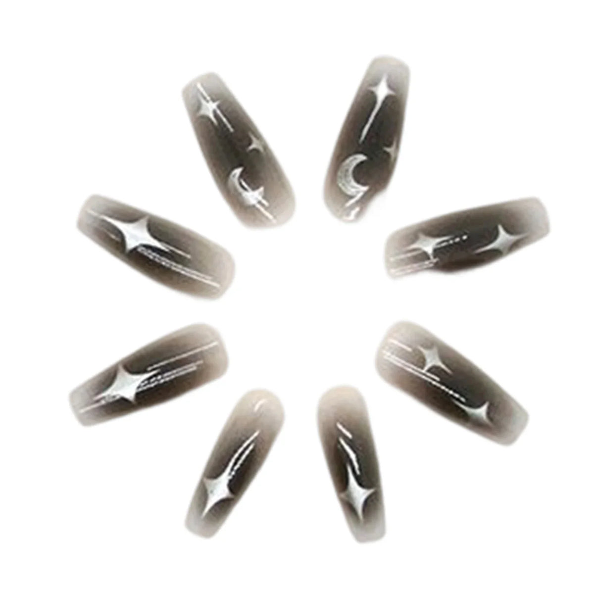 Set of 24 Y2K star gradient black coffin press-on nails with moon designs, full cover false nail tips by Blushimmer for a stylish look.