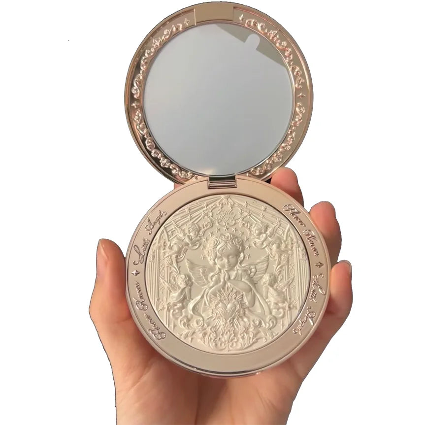 Blushimmer Little Angel Collection face powder palette with highlighter, contour, and illuminator shades in 8g compact, makeup product.