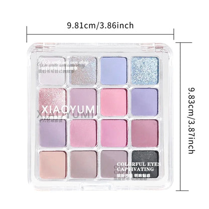 Xiaoyumi 16-color sunset eyeshadow and highlighter palette by Blushimmer featuring vibrant shades and shimmering finishes.