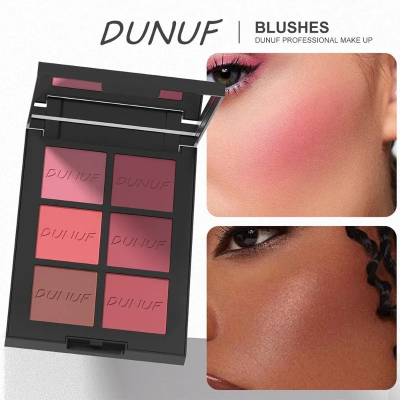 Blushimmer 6-color blush palette with highlighter, contour, bronzing powders, natural finish, long-lasting, high pigment makeup