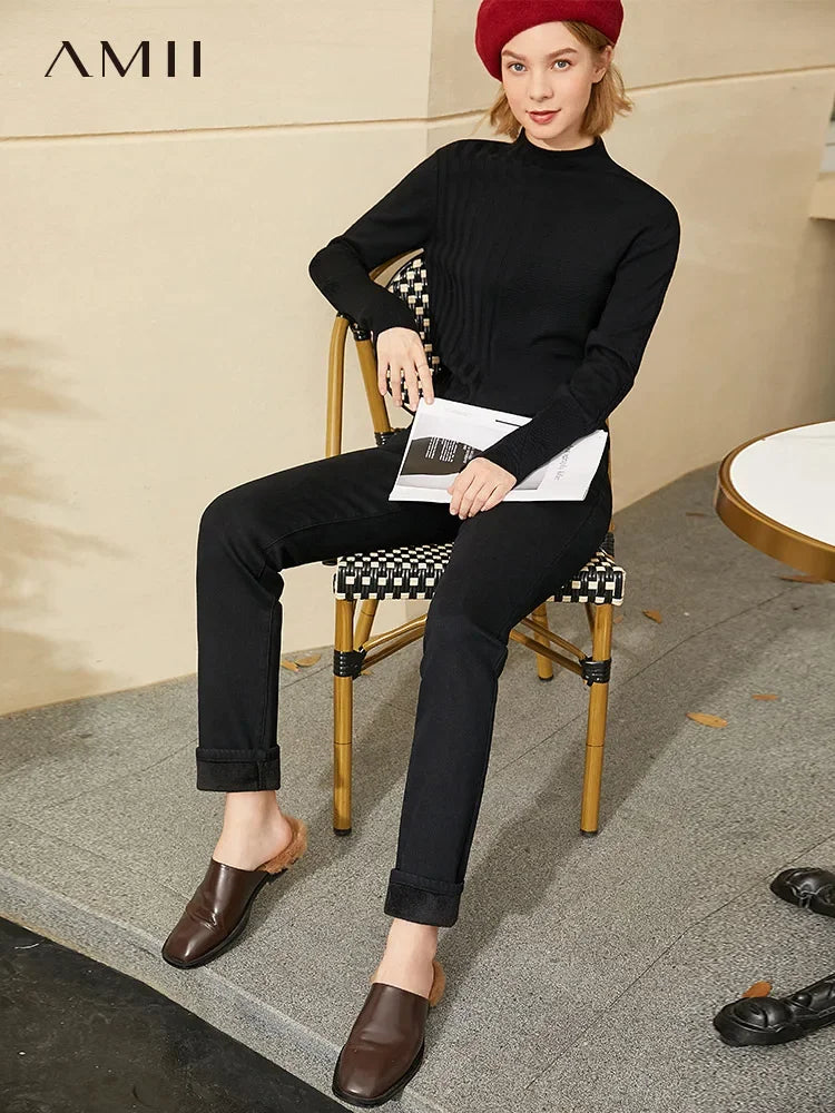 AMII Minimalism Jeans Women 2025 Winter Warm Slim Fashion Casual Trousers Cotton Slight Strech Ankle-Length Pants 12514004