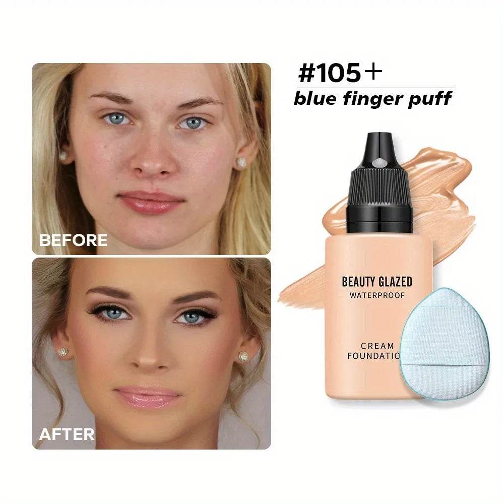 Blushimmer 2024 foundation and puff set featuring liquid matte full coverage waterproof foundation with blue thumb applicator.