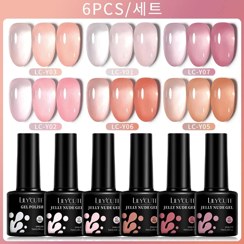 Blushimmer Lilycute 6-piece set of 7ml translucent pink and nude gel nail polishes for semi-permanent manicures and nail art.