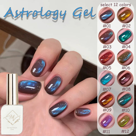 Blushimmer ZH 12ML 12-Color Astrology Cat Eye Nail Gel with fine glass beads, white lustrous finish for nail art decoration