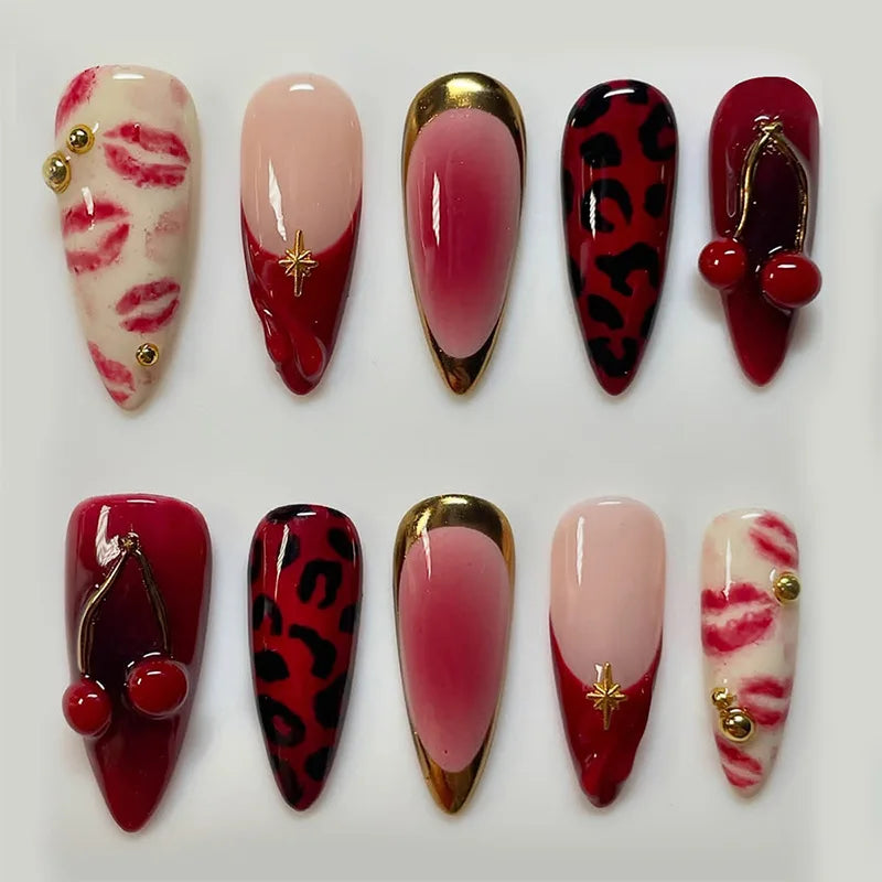 Set of 24 Blushimmer wine red almond press-on nails with cartoon rabbit, bowknot, plaid, pearl accents, and French style for girls.