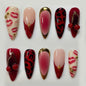 Set of 24 Blushimmer wine red almond press-on nails with cartoon rabbit, bowknot, plaid, pearl accents, and French style for girls.