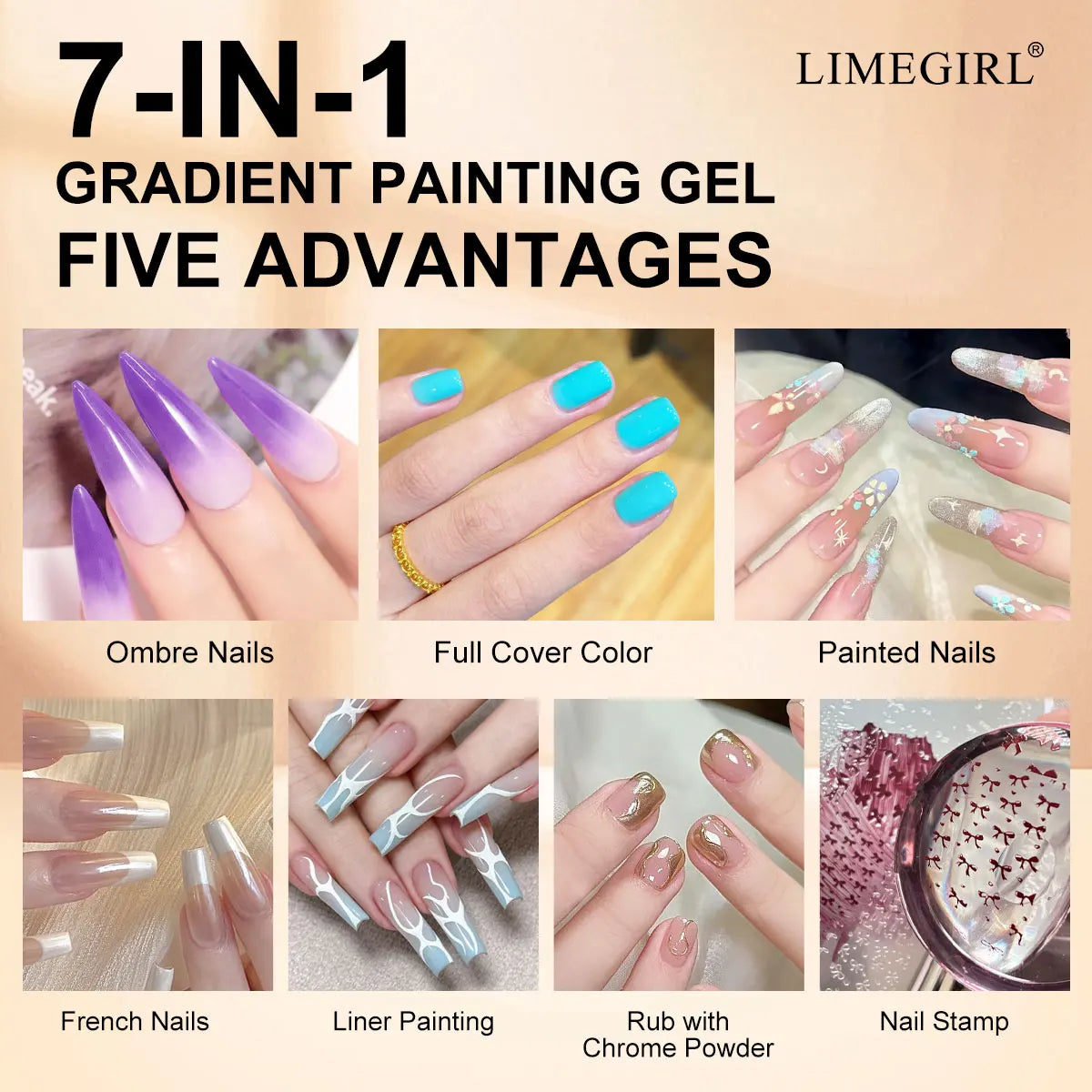Blushimmer LIMEGIRL 7-in-1 nail gradient gel kit with long-lasting hybrid gel polish and high texture for salon nail art.