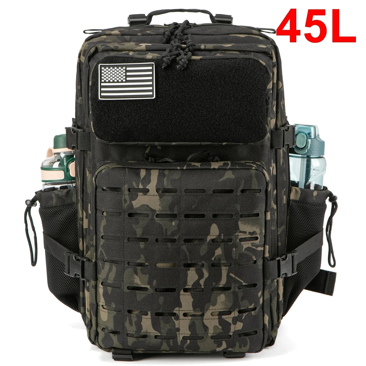 Adventure Club Store tactical backpack with water bottle holder, 25L/45L capacity, suitable for outdoor activities and small school use