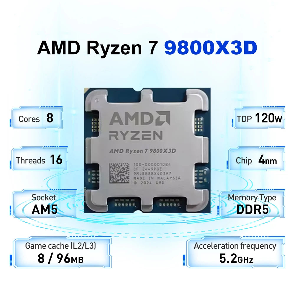 NEW AMD Ryzen 7 9800X3D 4.7GHz 4NM L3=96M Processor 120W Socket AM5 8-Core 16-Thread R7 9800X3D DDR5 but without fan