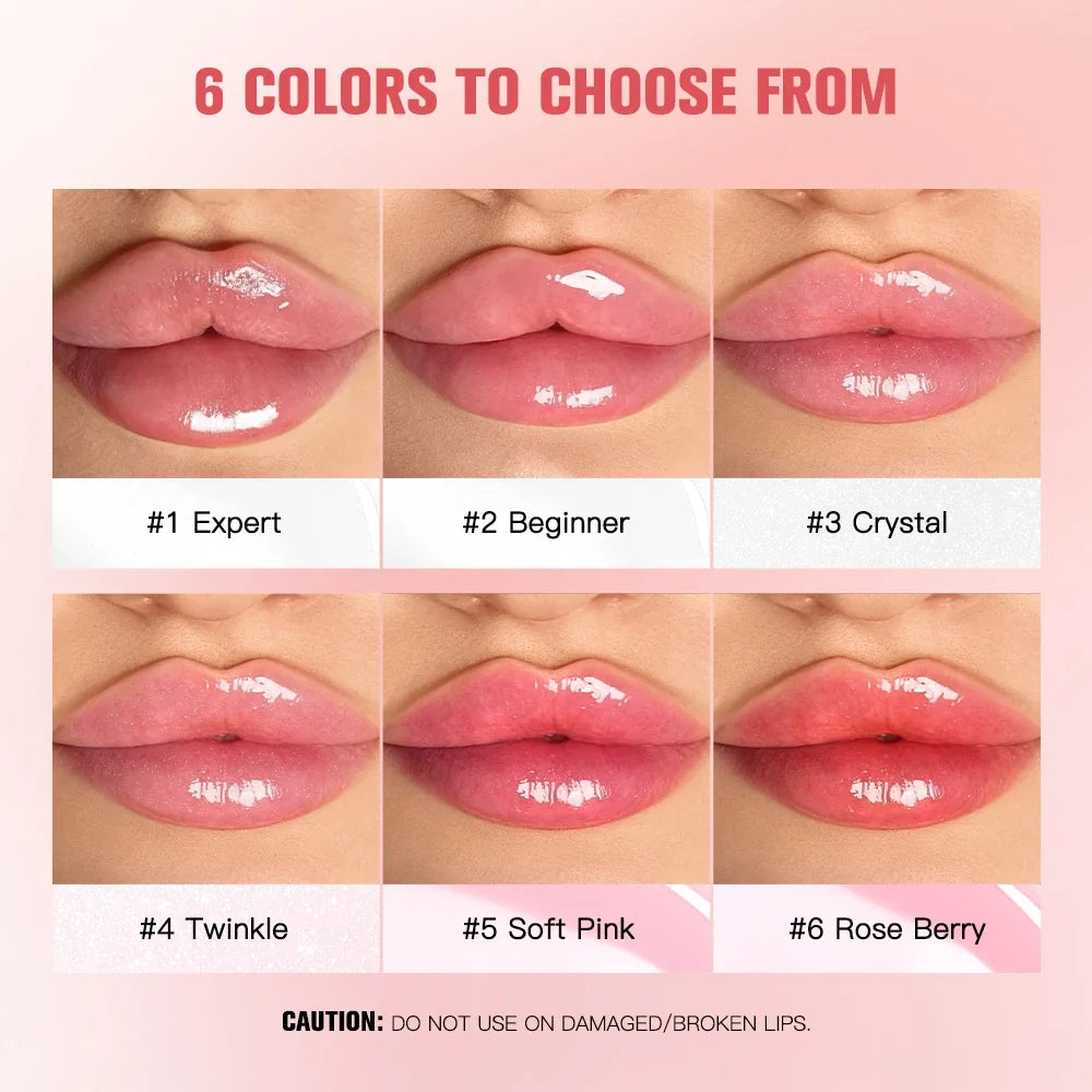 Blushimmer plumping lip oil in clear gloss with a shiny, hydrating finish, long-lasting moisture, non-sticky, for full, glossy lips.