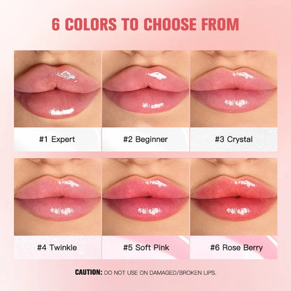 Blushimmer plumping lip oil in clear gloss with a shiny, hydrating finish, long-lasting moisture, non-sticky, for full, glossy lips.