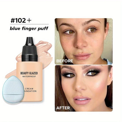 Blushimmer 2024 liquid matte foundation with blue puff, full coverage, waterproof, natural finish, and included puff applicator.