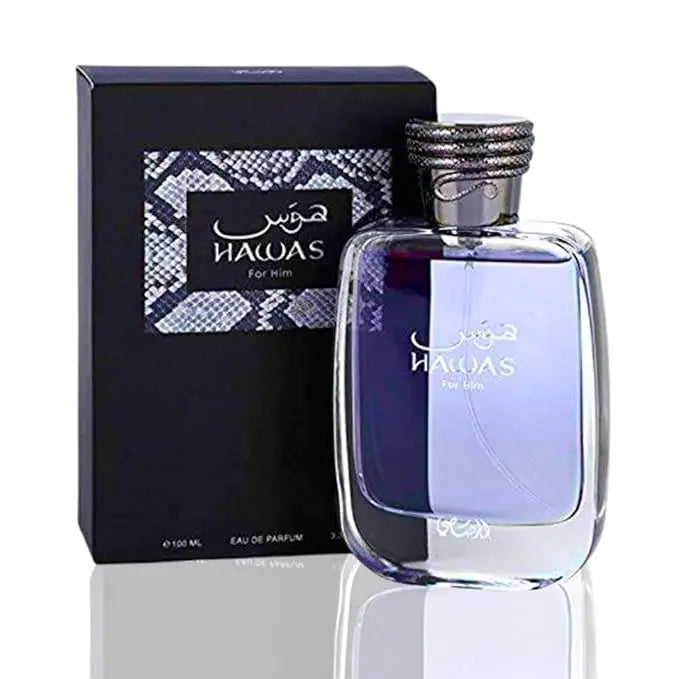 Blushimmer Rasasi Hawas for Men 100ml Eau de Parfum bottle with sleek design, embodying masculine elegance and luxury.