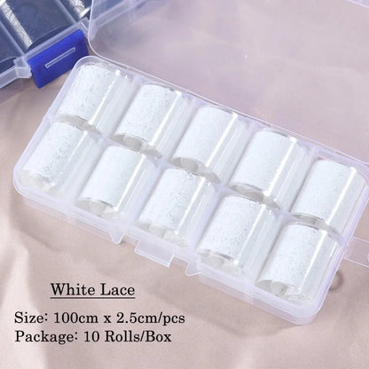 Set of 10 white and black lace nail art foil rolls by Blushimmer, perfect for DIY manicure nail transfer sticker decoration.