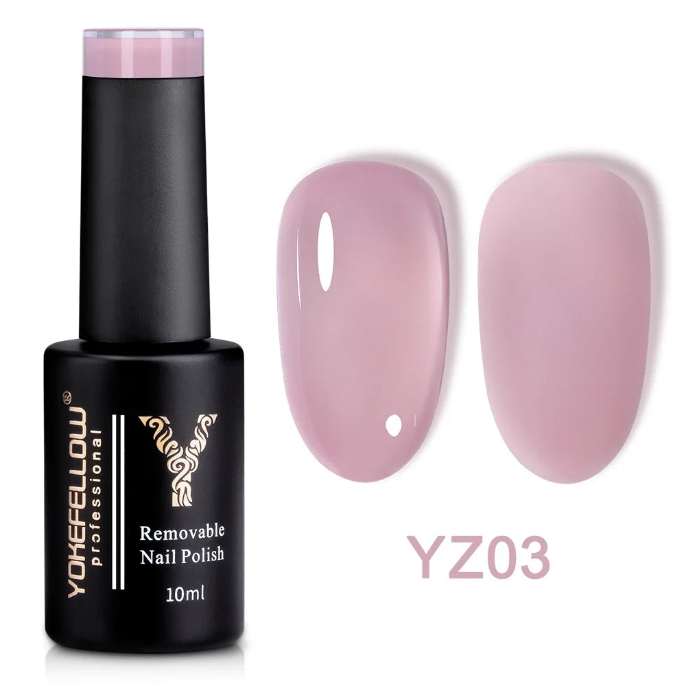 Blushimmer YOKEFELLOW 10ml nude pink gel nail polish bottle with translucent gel, soak-off UV formula, long-lasting finish