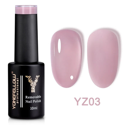 Blushimmer YOKEFELLOW 10ml nude pink gel nail polish bottle with translucent gel, soak-off UV formula, long-lasting finish