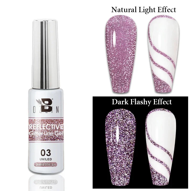 Blushimmer metallic gel polish in gold and silver, featuring a chrome mirror finish and semi-permanent UV LED nail gel application.