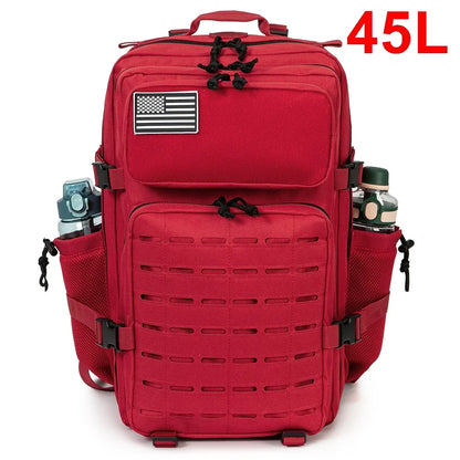 Adventure Club Store tactical backpack with water bottle holder, suitable for men and women, ideal for outdoor activities and school.