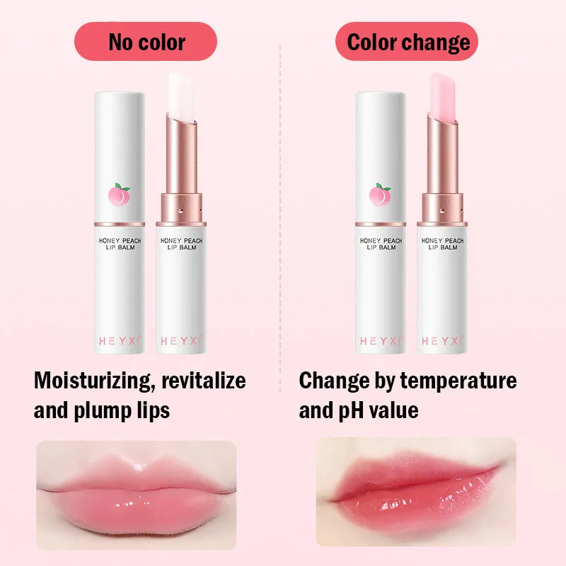 Blushimmer Honey Peach Lip Balm with color-changing, moisturizing lipstick on lips, enhancing natural beauty and hydration.