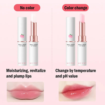 Blushimmer Honey Peach Lip Balm with color-changing, moisturizing lipstick on lips, enhancing natural beauty and hydration.