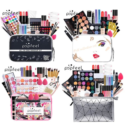 Blushimmer All-in-One Makeup Kit with eyeshadow palette, foundation, lip gloss, blush, brushes, and eyeline in a mixed color set.