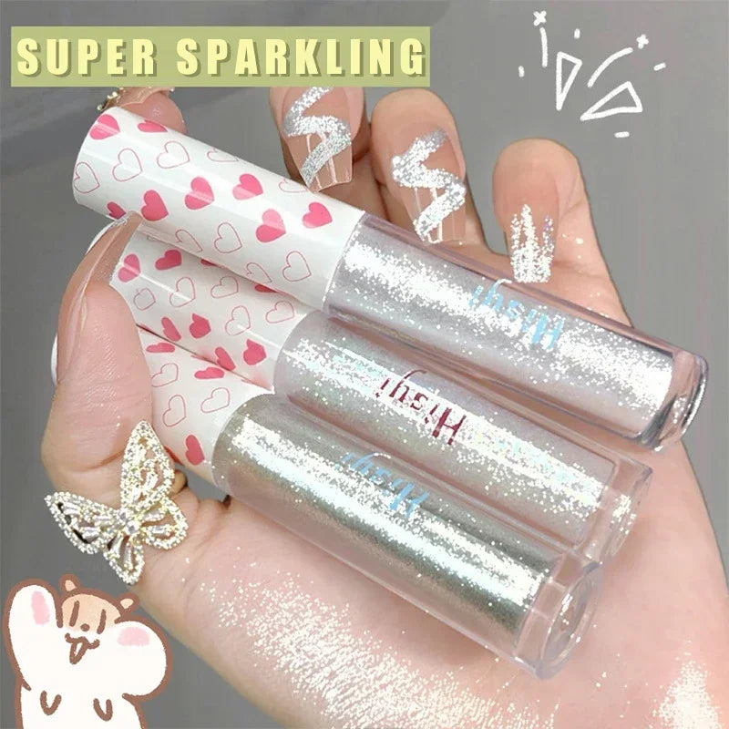 Blushimmer liquid eyeshadow highlighter with waterproof, ultra shiny, long-lasting sheet glitter for vibrant, monochrome eye makeup.