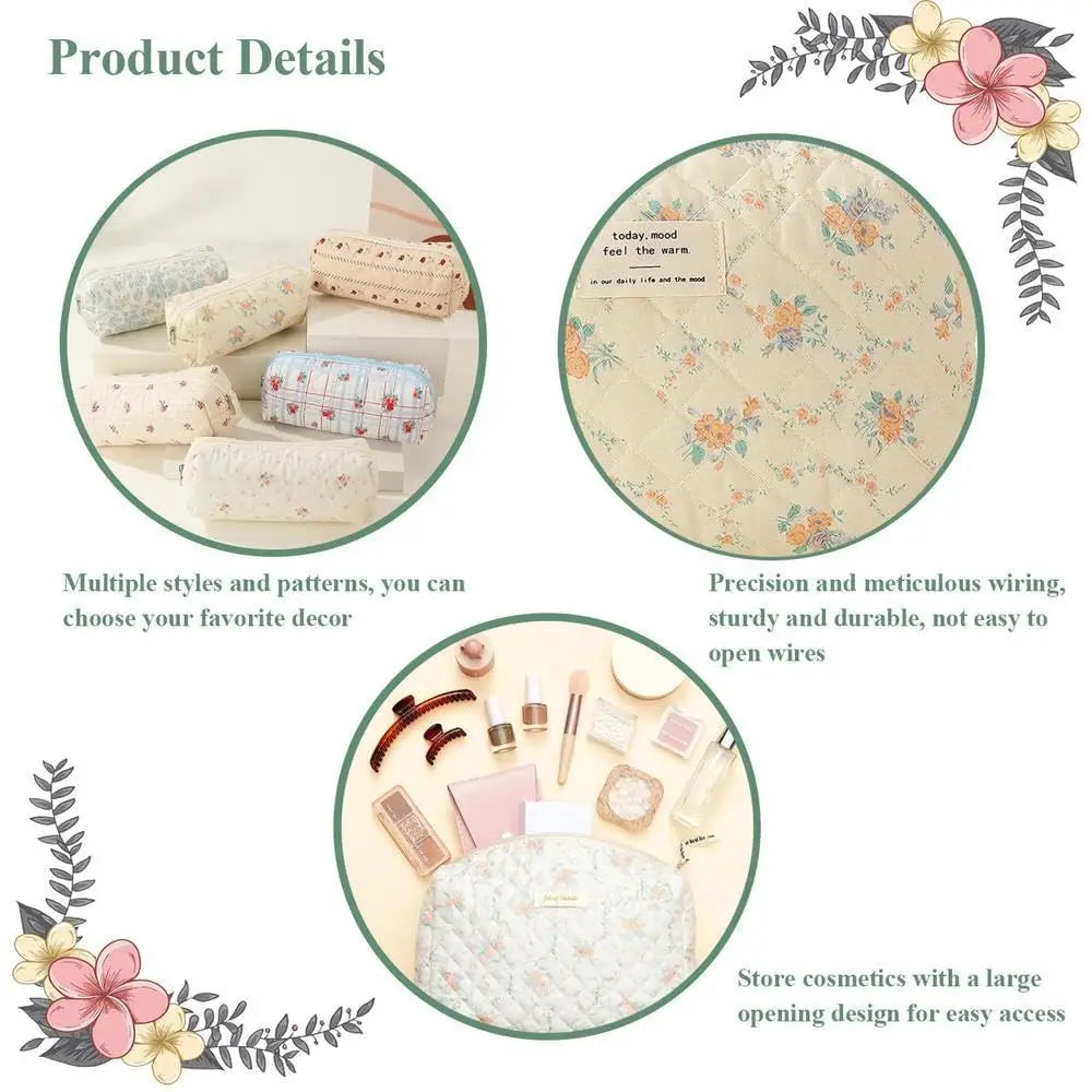 Cute quilted cotton makeup bag by Blushimmer, zipper closure, portable cloth cosmetic organizer, box shape for women and girls.