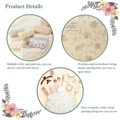 Cute quilted cotton makeup bag by Blushimmer, zipper closure, portable cloth cosmetic organizer, box shape for women and girls.