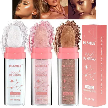 Blushimmer shimmer fairy powder highlighter, loose white face and body glitter powder with bronzer and illuminator effects.