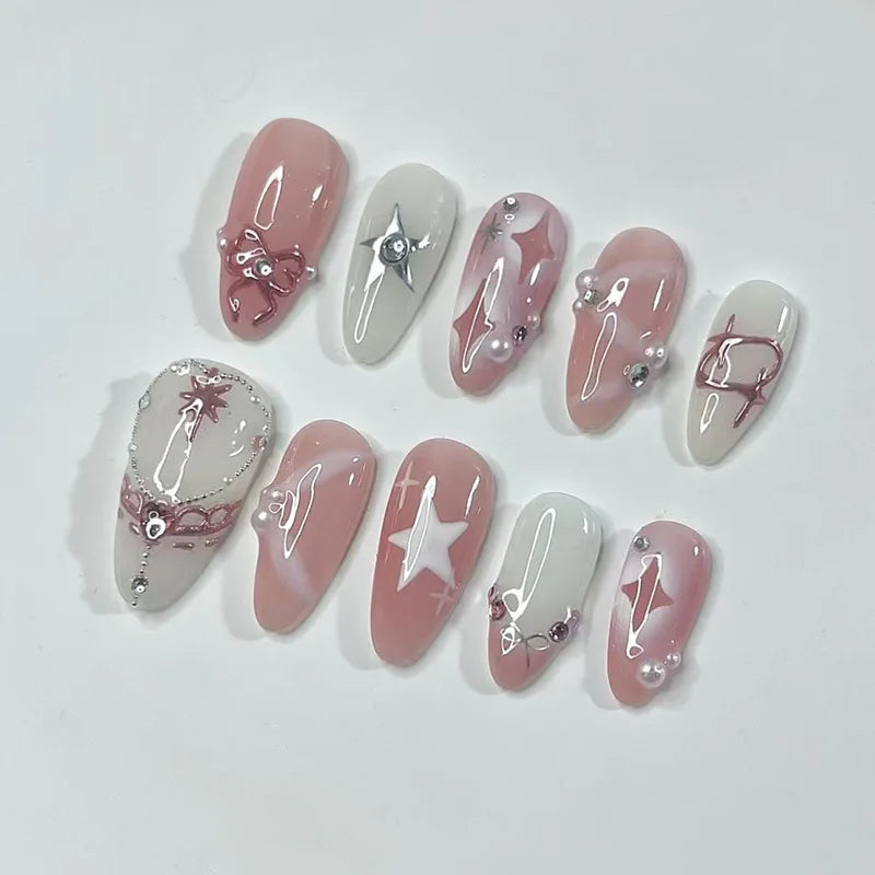 Blushimmer 24-piece wine red almond press-on nails with cartoon rabbit, bowknot, plaid, pearl designs, French style for girls