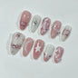 Blushimmer 24-piece wine red almond press-on nails with cartoon rabbit, bowknot, plaid, pearl designs, French style for girls