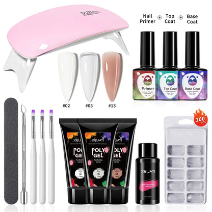 Blushimmer 3-piece 15ml poly nail gel set with base, top coat, extension gel, cleaning water, and nail mold kit displayed on a light background.