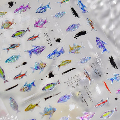 5D Metal Fish Nail Art Stickers Tiny Ocean Shoal of Fish Foil Waves Summer Beach Self Adhesive Decoration Manicure Decal DIY