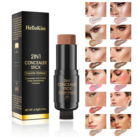 Blushimmer double-head face bronzer contour stick with brush, featuring light and dark cream shades for facial contouring and brightening.