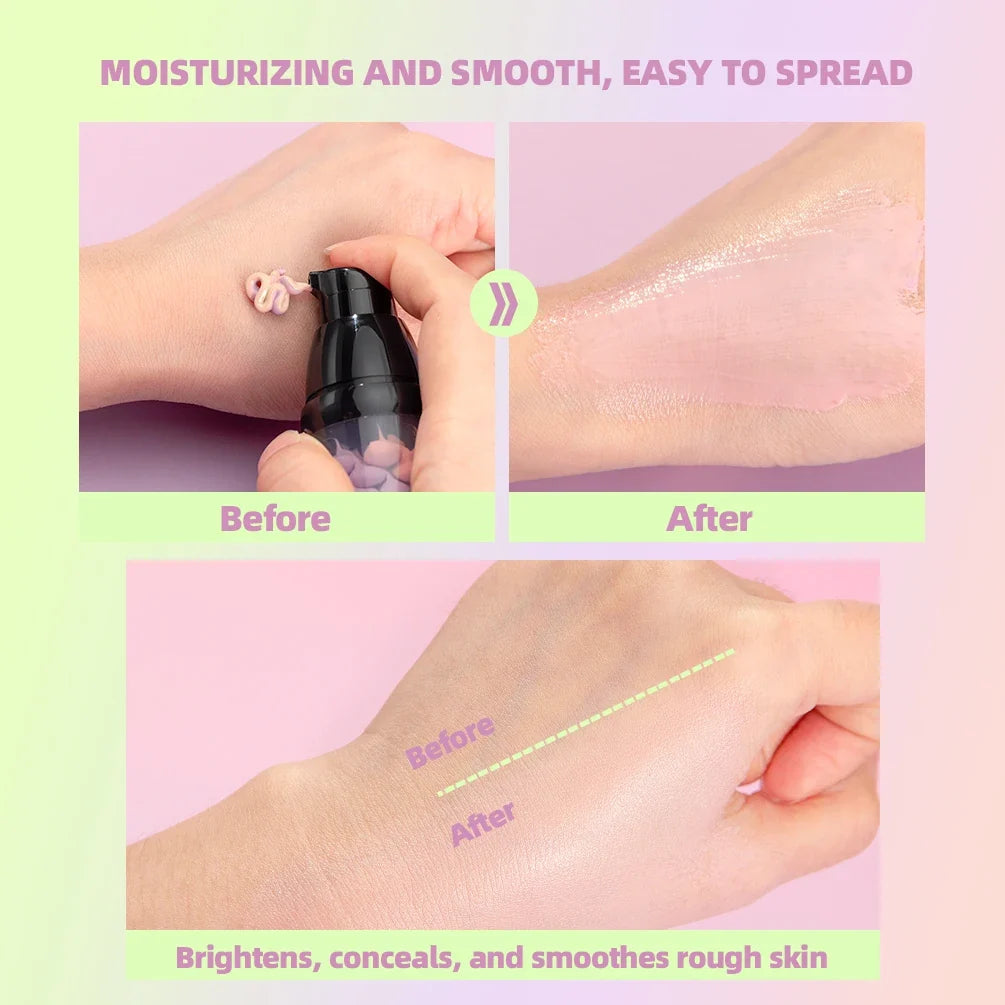 Blushimmer Qibest three-color press release cream concealer with brightening liquid formula and facial primer in a compact jar.