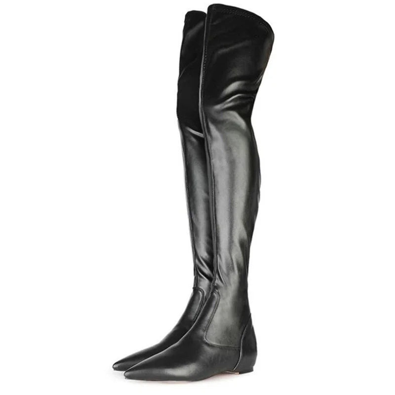 Soft Leather Height Increasing Black Long Boots Pointed Toe Stretch Slip On Winter Fashion Boots Size 44 Over The Knee Boots