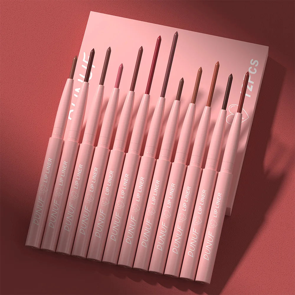 Blushimmer matte lip liner pencil set with 12 nude-pink shades, waterproof, non-transfer, highly pigmented for daily and party makeup