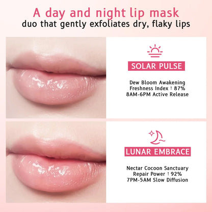 Blushimmer BIO-DIOMT lip sleeping mask set with moisturizing, exfoliating, and anti-cracking lip care for day and night use.