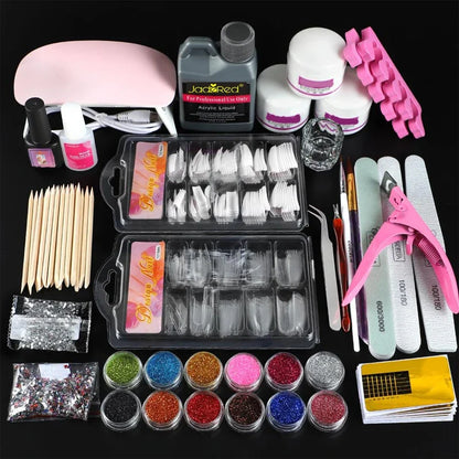 Blushimmer acrylic nail kit with acrylic powder, liquid, gel nails, UV lamp, and tools for DIY gel nail set application.