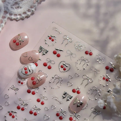 Juicy red cherry bowknot 5D nail art stickers with shiny crystals, self-adhesive manicure decals by Blushimmer.