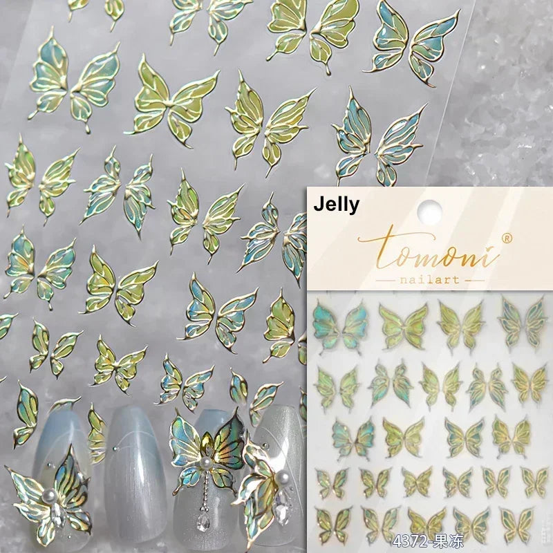 Shiny jelly butterfly 5D nail art sticker with rhinestones and insect design for DIY manicures by Blushimmer.